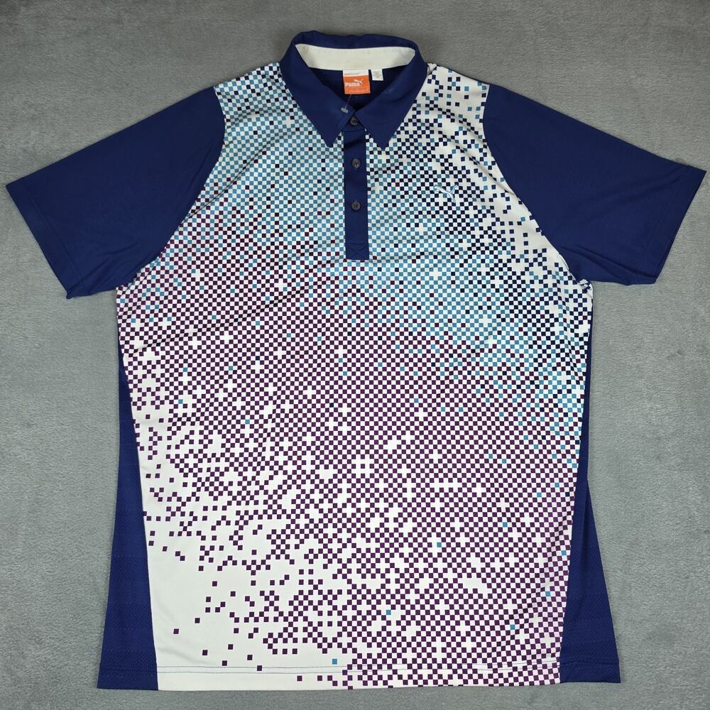 Puma Golf Polo Shirt Large Blue Pixel Print Performance Short Sleeve Sport Lifes